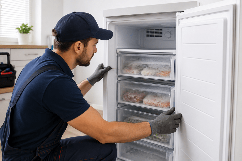 Professional appliance repair technician inspecting and repairing internal freezer components during a residential service call.