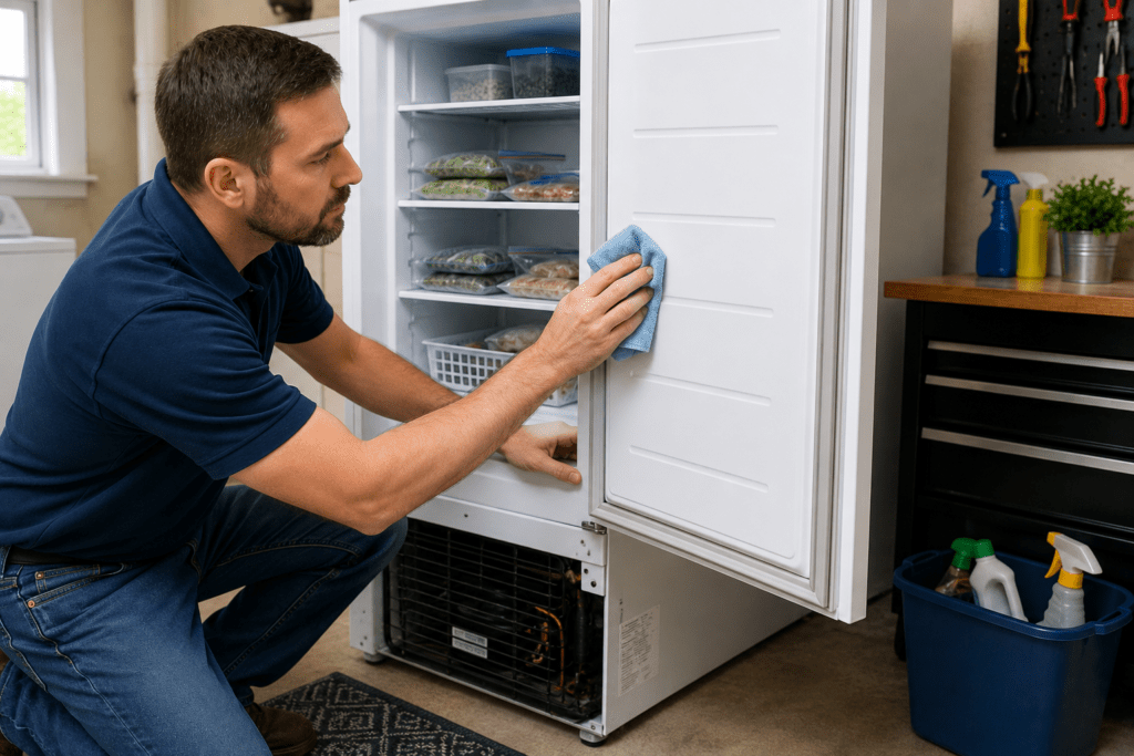 Homeowner cleaning the door gasket of an upright freezer to improve efficiency and help prevent costly repairs.