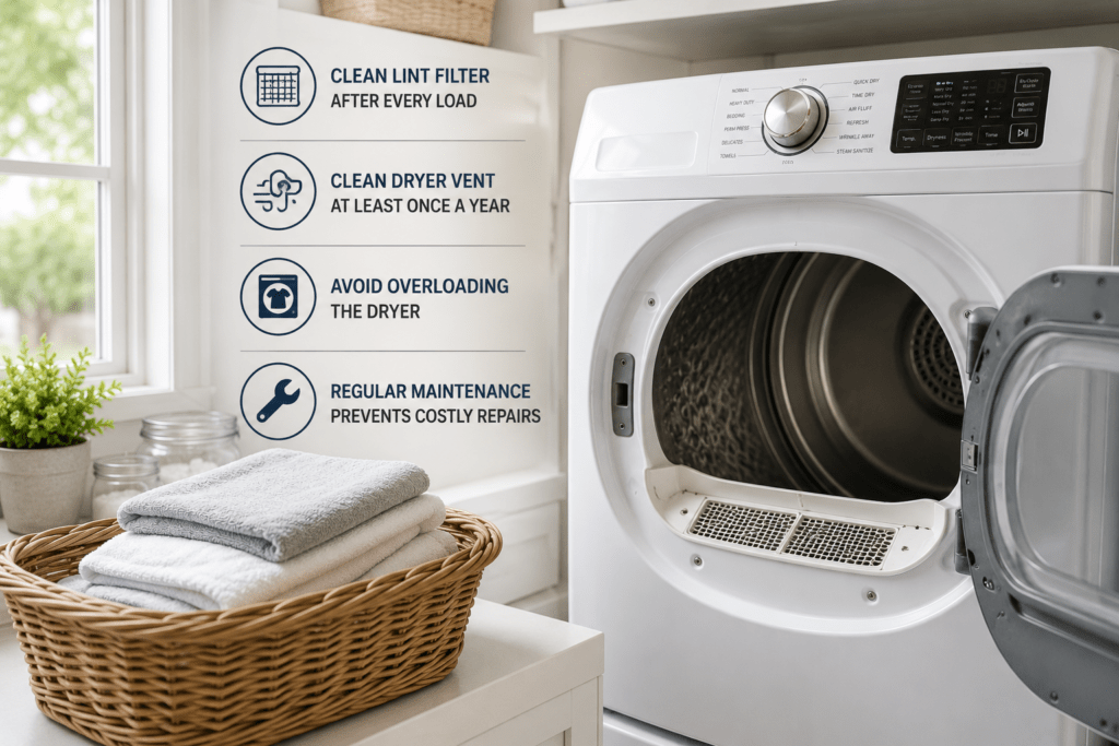 Clothes dryer in a laundry room illustrating dryer maintenance and repair prevention tips.