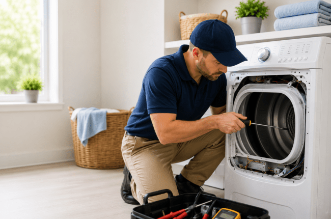 Technician repairing a clothes dryer