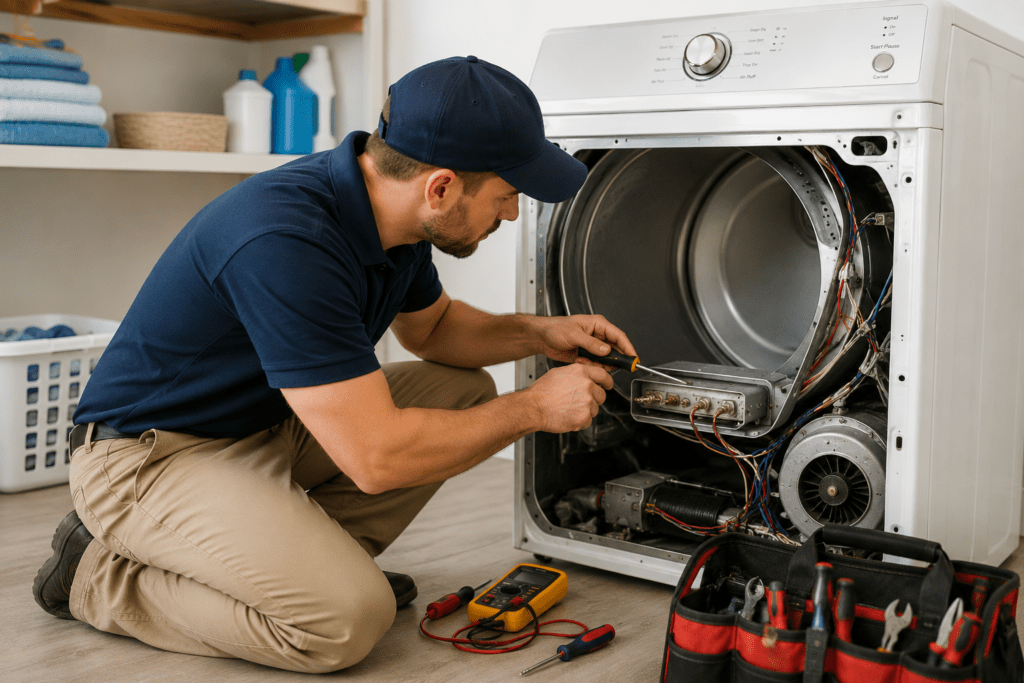 Technician repairing the heating element and internal components inside a clothes dryer.