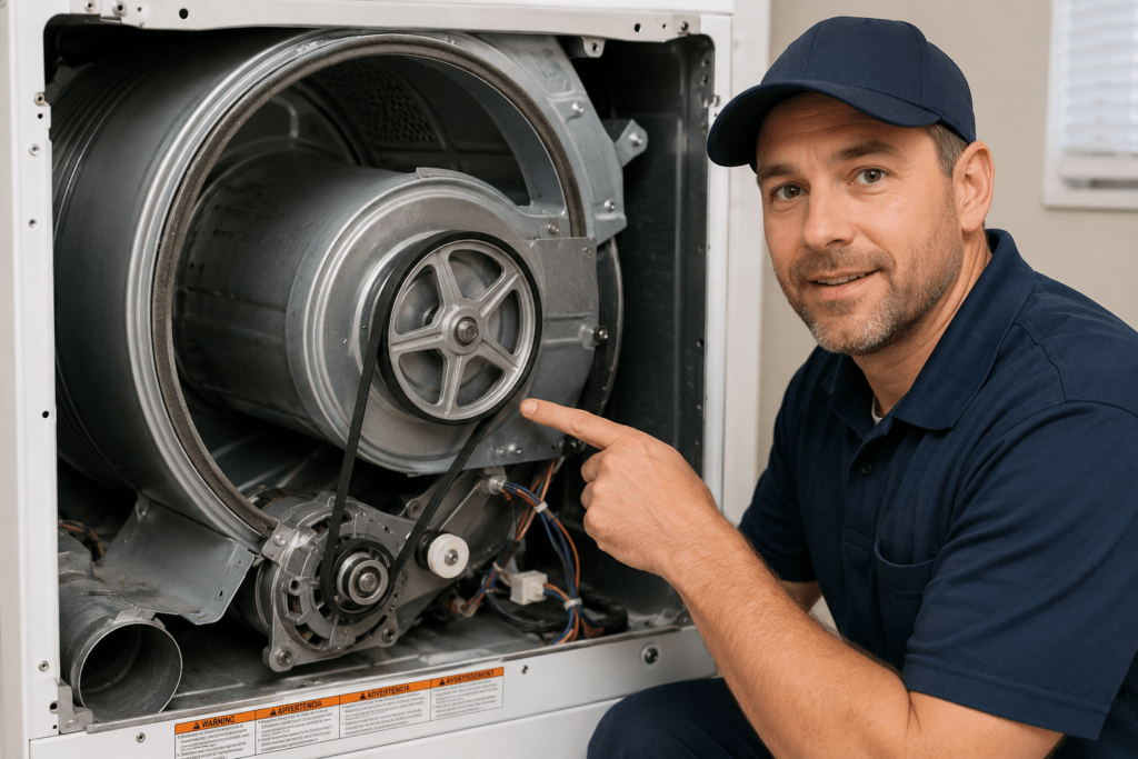 Technician shows location of dryer belt