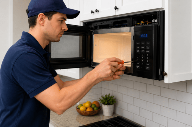 Microwave repairman fixing a broken one