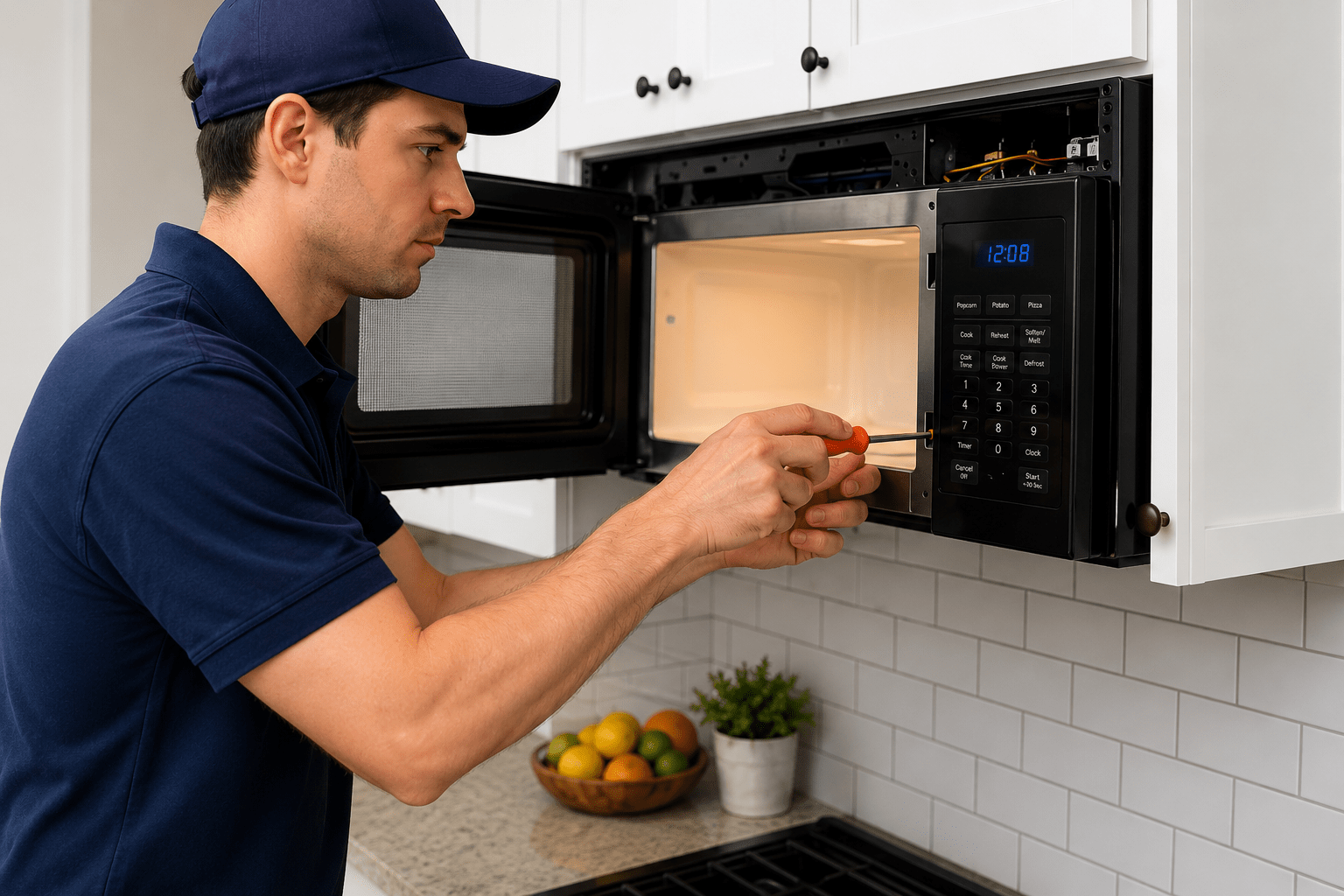 Microwave repairman fixing a broken one