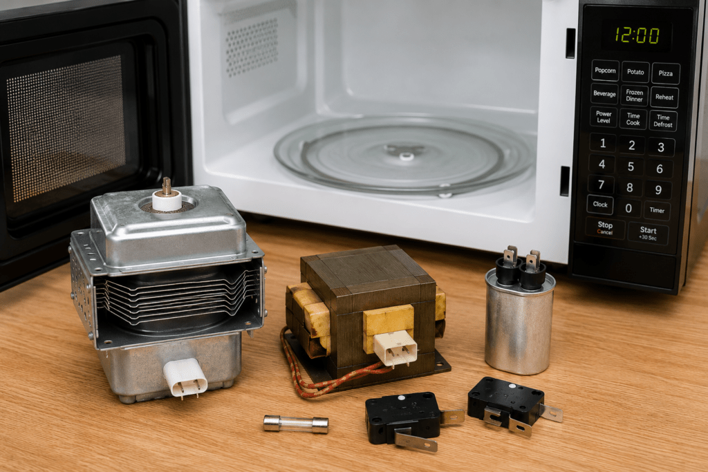 Technician inspecting internal microwave components during repair