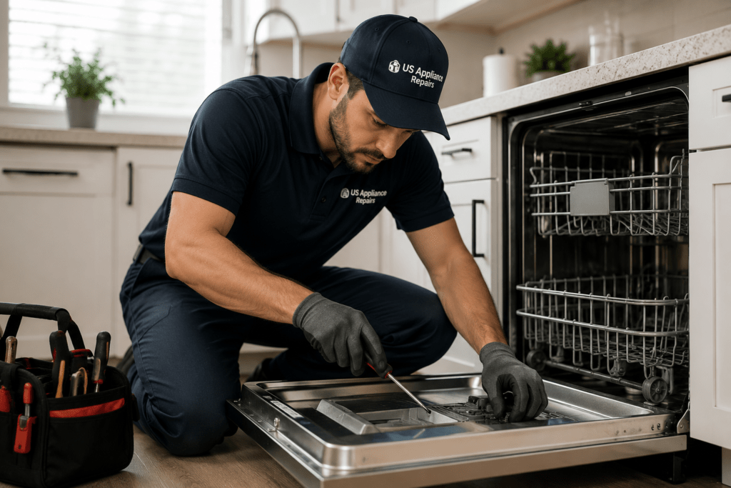 Home appliance repairman working on a dishwasher