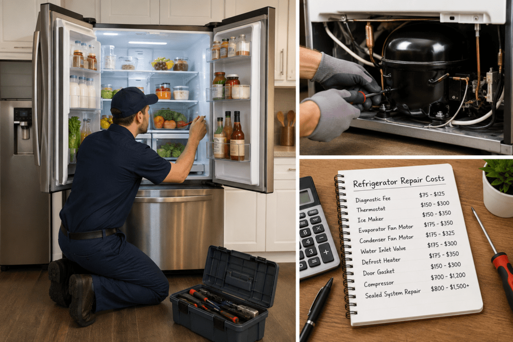 Refrigerator being repaired by technician