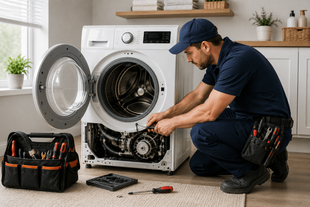 Washer repairman fixing a broken washing machine